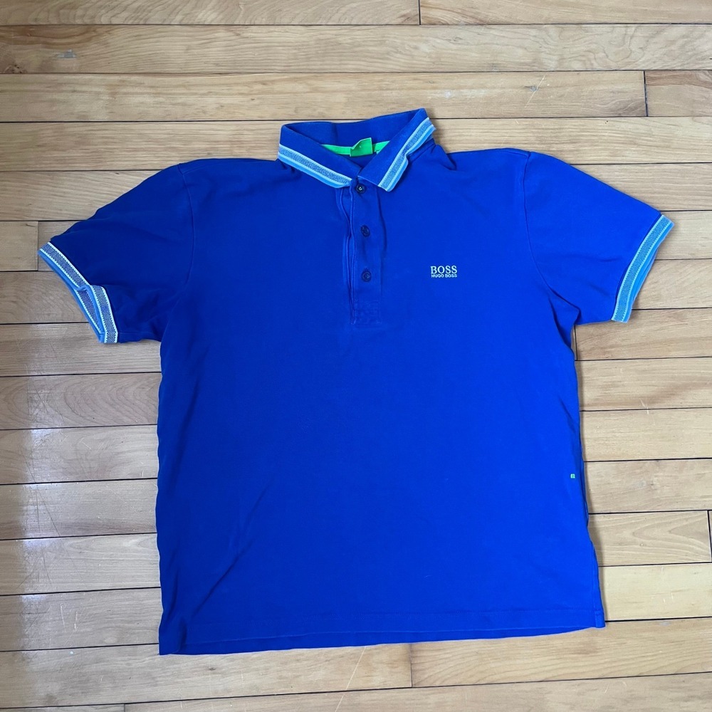 Hugo Boss Green Label Mens Modern Fit Polo Shirt Royal Blue Large Striped Trim